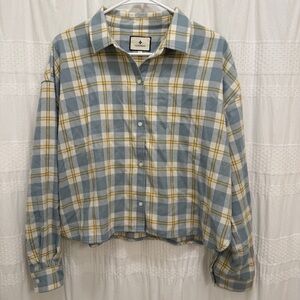 NWT Tuckernuck Plaid Button-Up Cropped Shirt Womens Large Blue Yellow Flannel